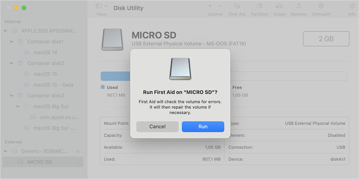 scan sd card with first aid in disk utility mac os
