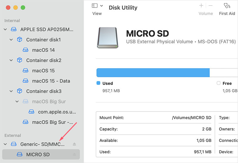 choose sd card in disk utility macos