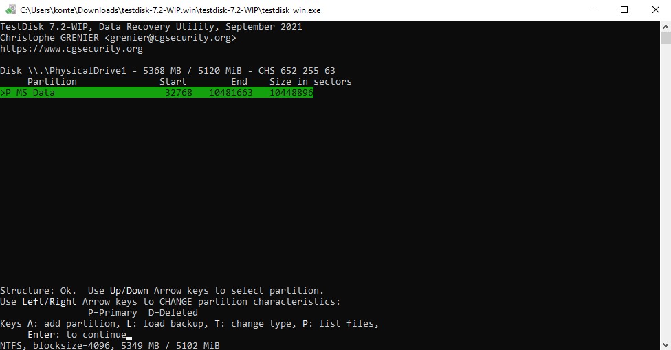 Selecting the found partition.