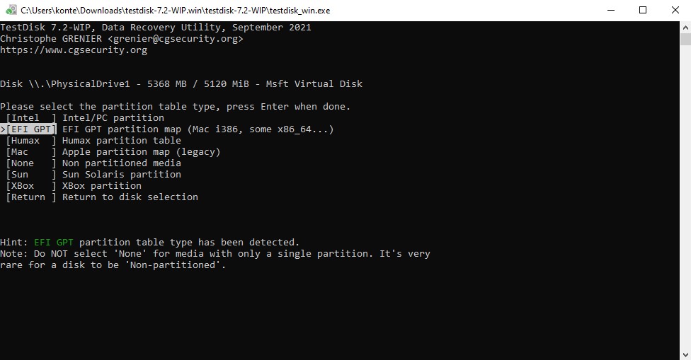 Specifying the partition table type.