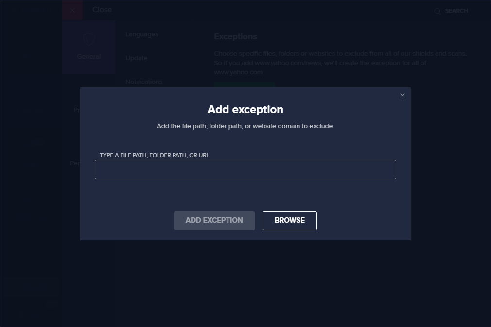 avast add exception