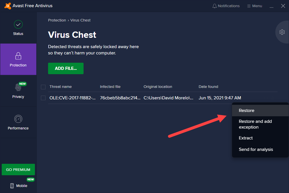 avast virus chest recover