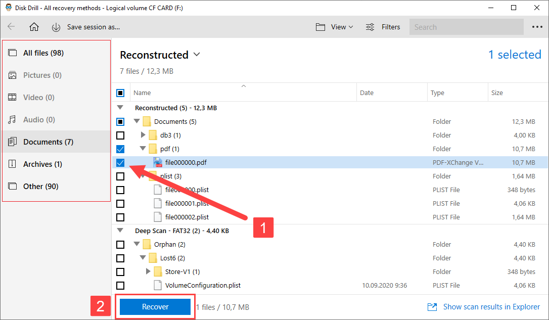 selecting files for recovery on disk drill