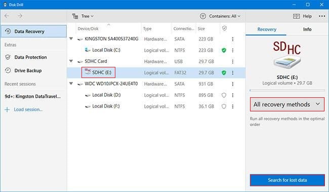 selecting sd card in disk drill