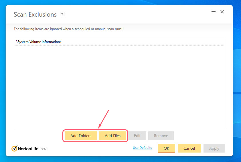 exclude files from scans in norton antivirus - step 2