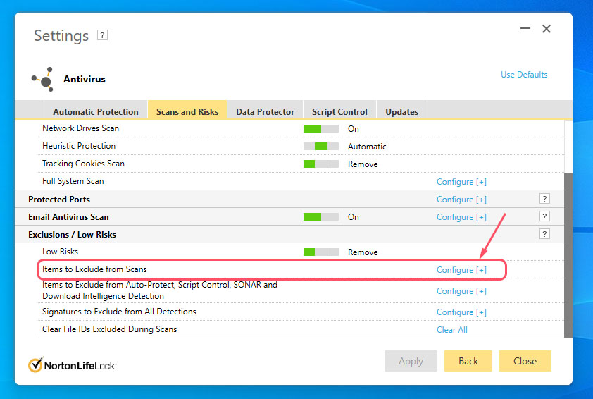 exclude files from scans in norton antivirus - step 1