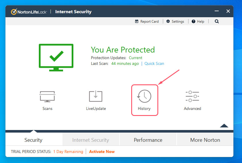 select history option in norton antivirus