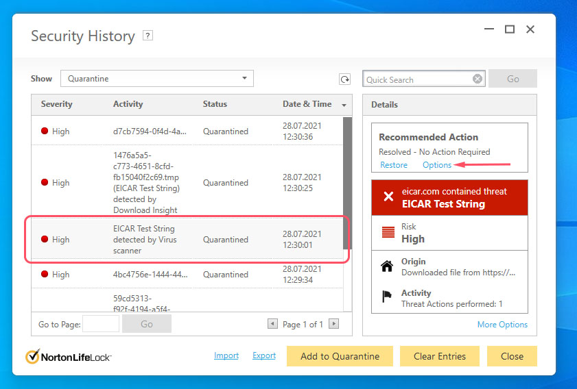 show options for file in norton quarantine