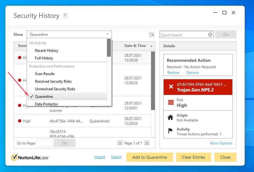 show norton file quarantine