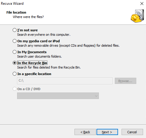 Specifying the search for files deleted from Recycle Bin