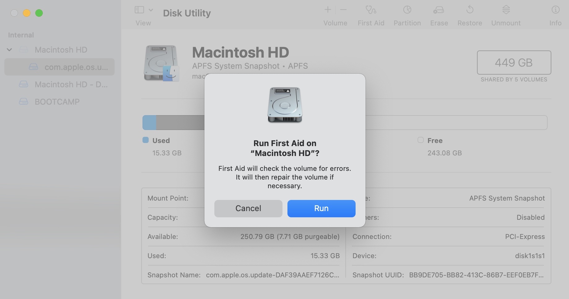 running first aid in disk utility