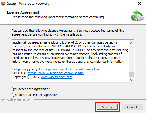 Accepting Wise Data Recovery terms.