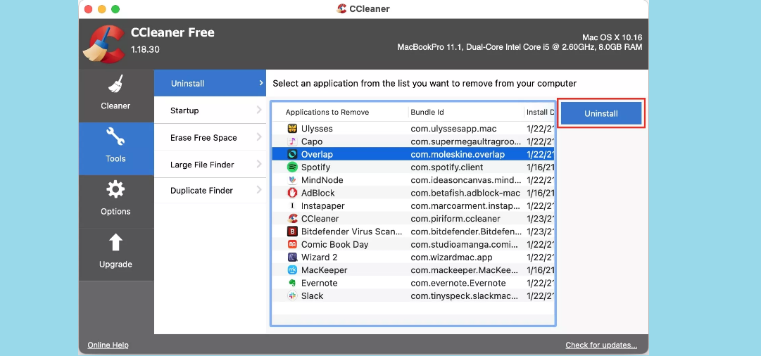 uninstall feature on Ccleaner