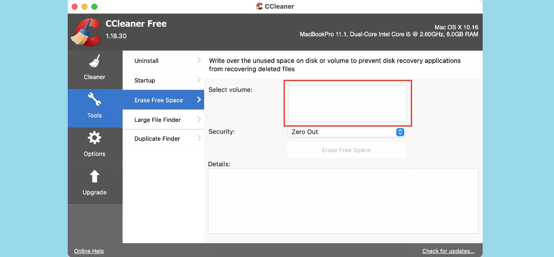 erase free space on ccleaner