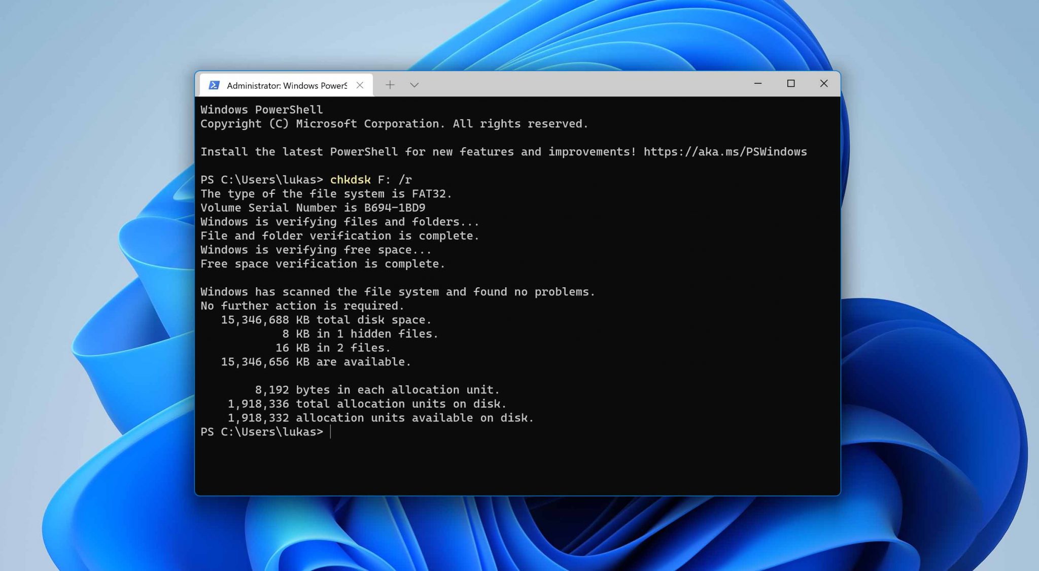 use chkdsk on windows 11 terminal app