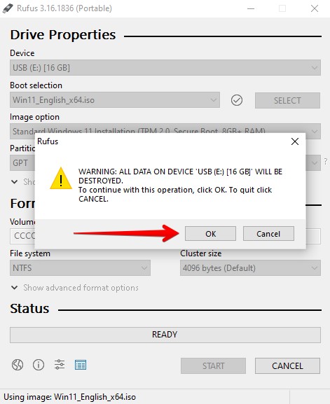 Confirming the format of the USB.