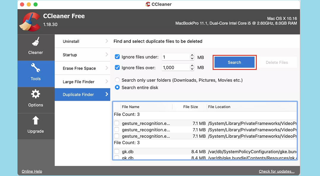 duplicate finder feature on ccleaner