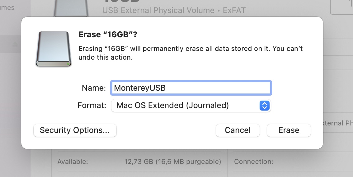 erase USB monterey confirm