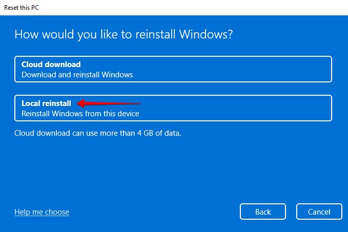 Choosing a local reinstall.