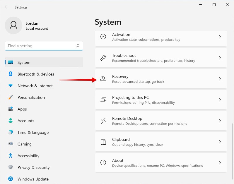 Accessing the recovery settings.