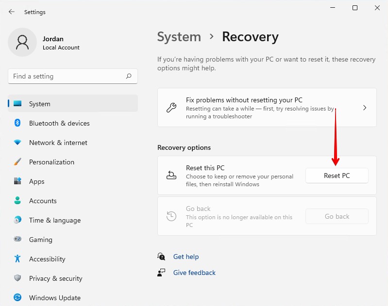 Starting the PC reset procedure.