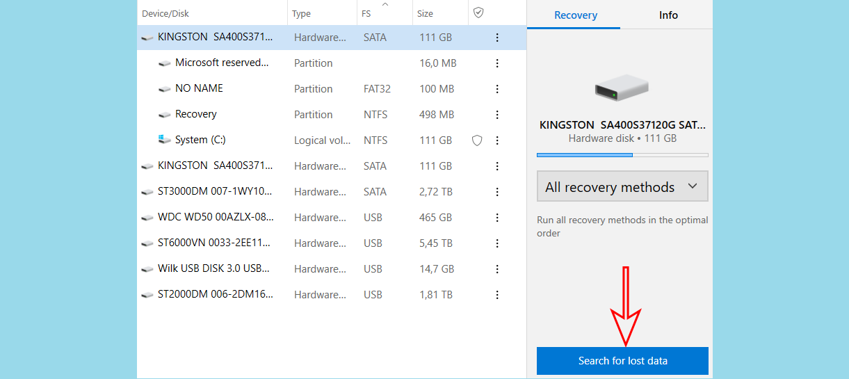 selecting disk for data recovery on disk drill