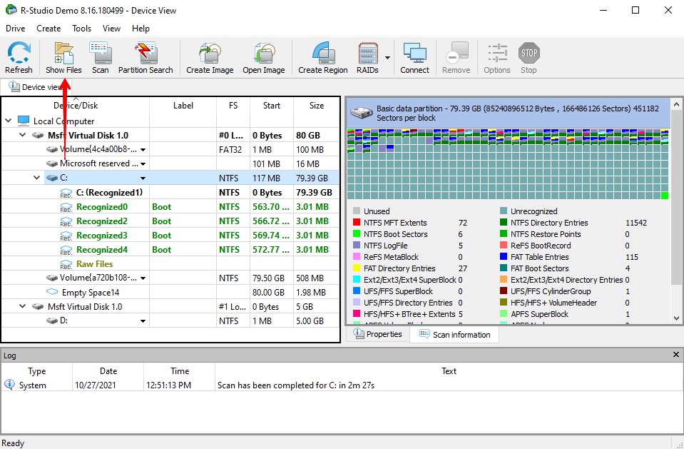 Showing what files R-Studio discovered