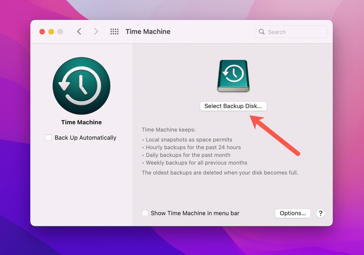 time machine select backup disk