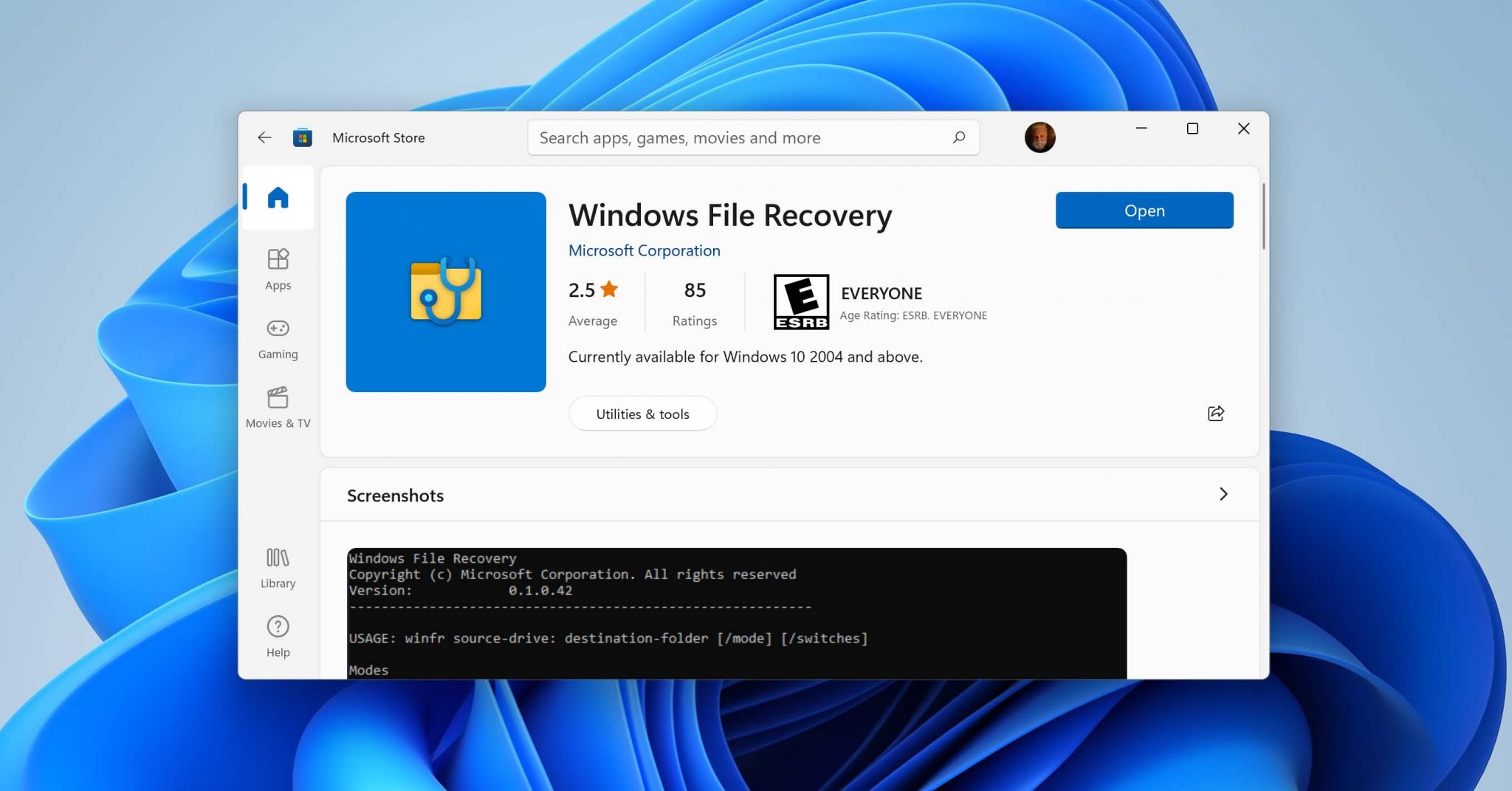 Récupération de fichiers Windows dans Microsoft Store