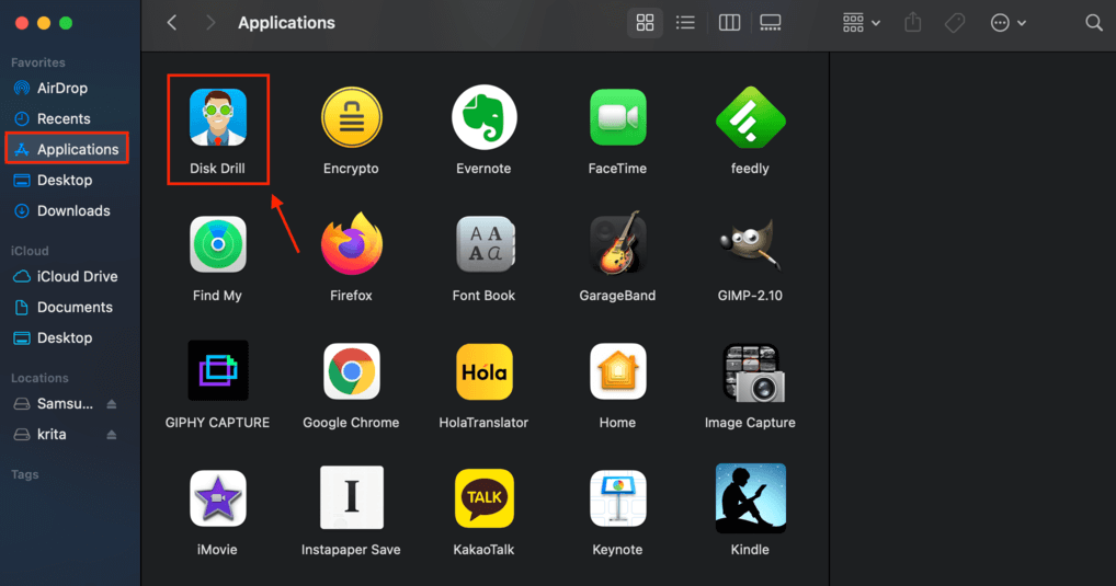 applications window with a pointer towards the disk drill app