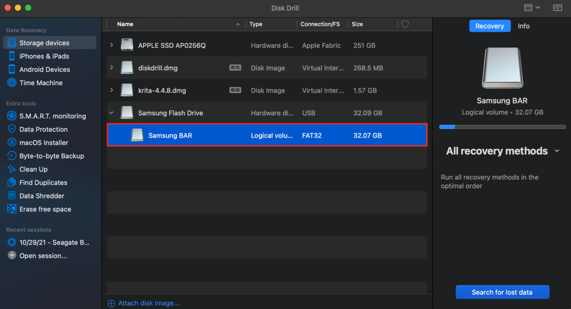 disk drill window outlining a selected drive