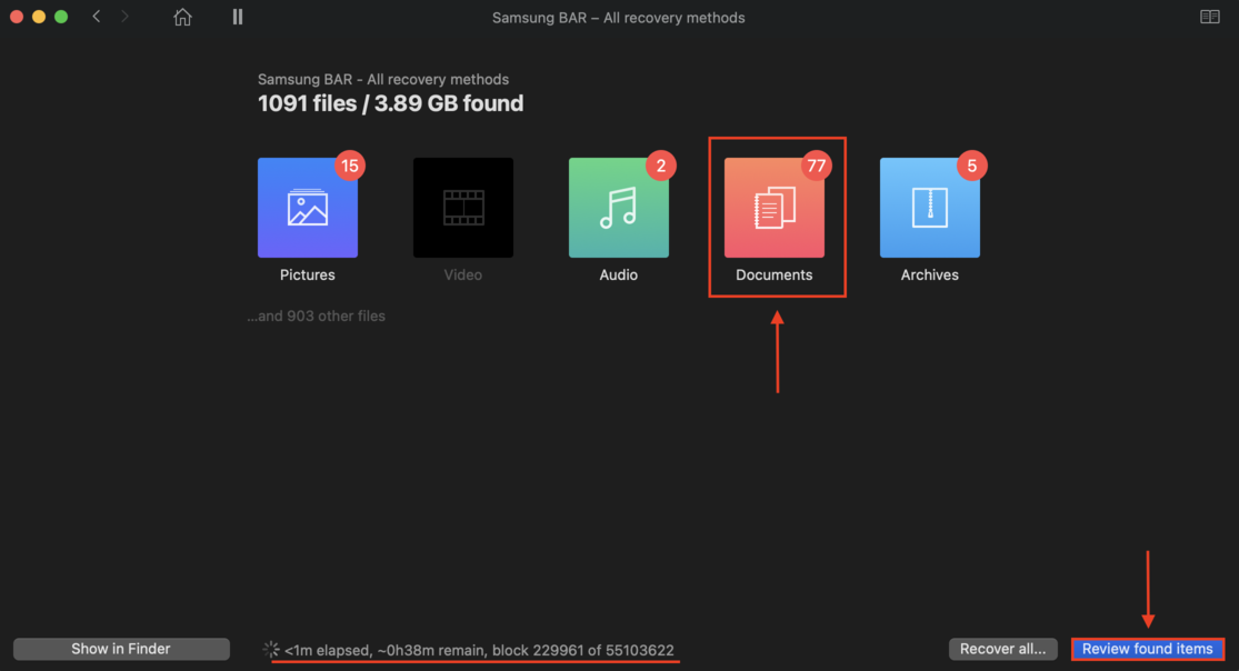 disk drill window showing scanning progress across file types with a pointer towards review found items button