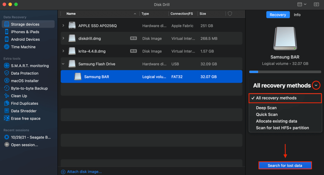 disk drill window with expanded scan types menu