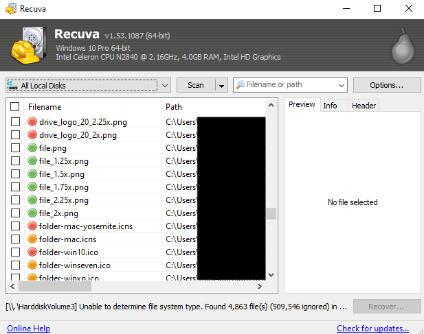 recuva window showing a list of recovered files