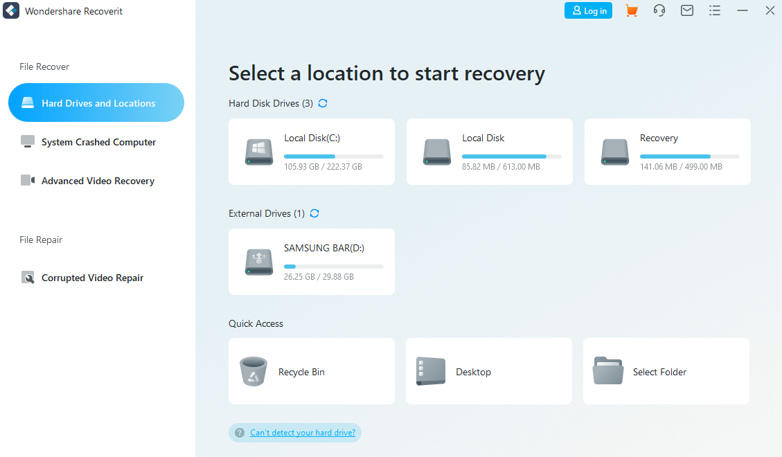 wondershare recoverit window showing recoverable drives