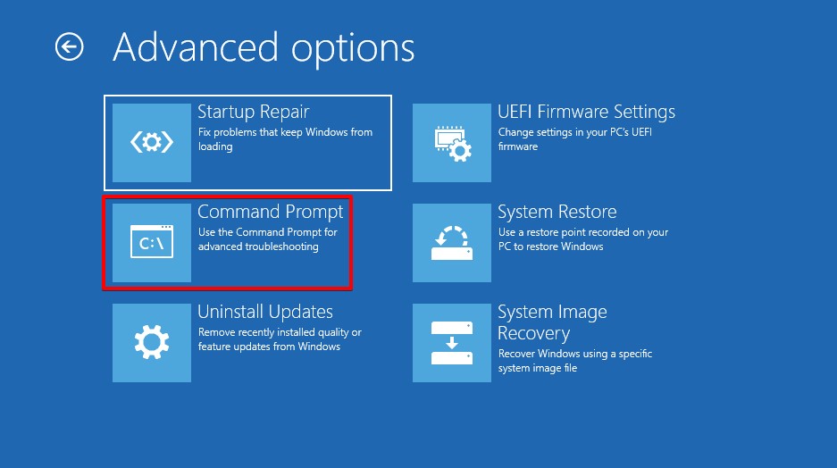 Opening the Command Prompt recovery window