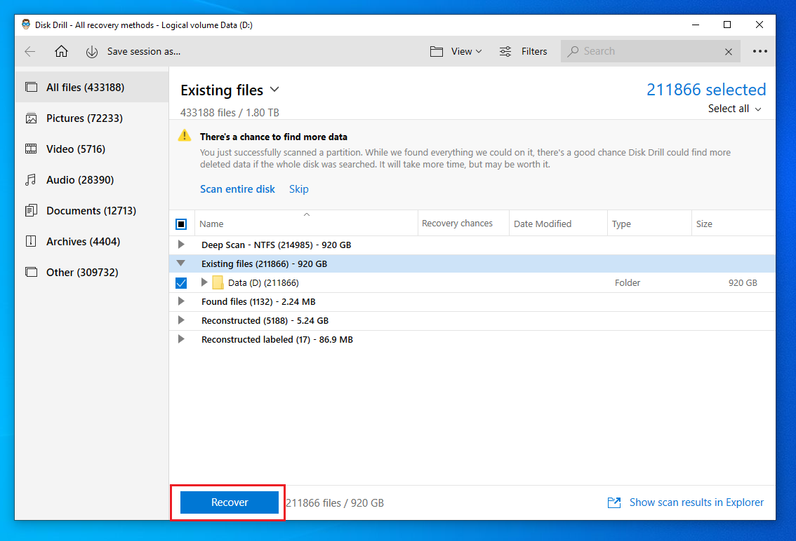 Disk Drill's recover existing files