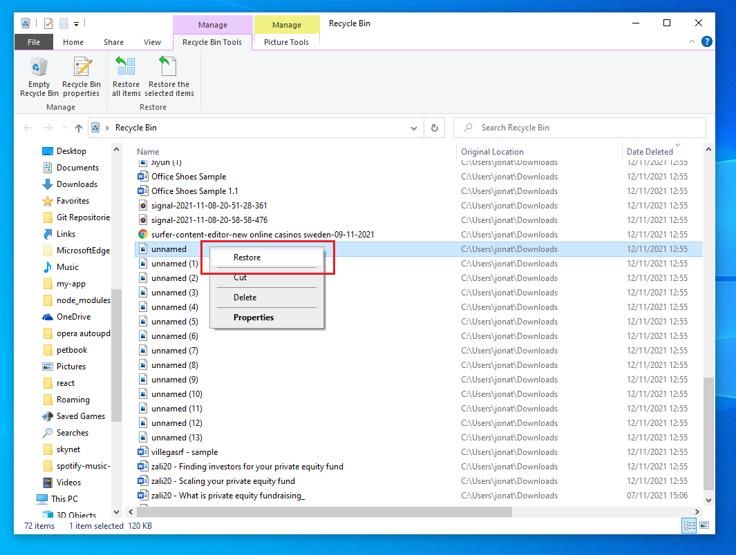 How to restore a file from Window's Recycle Bin