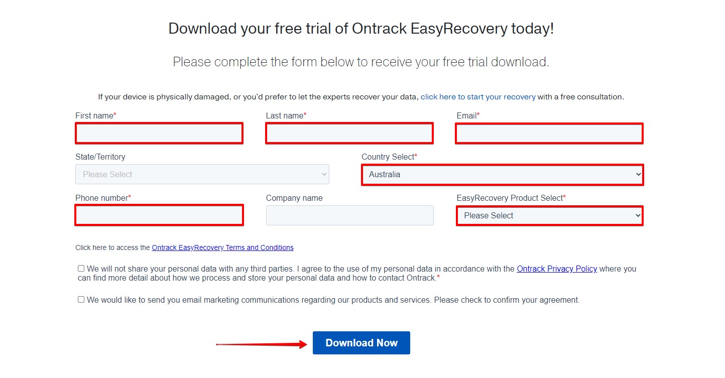 Inputting information to receive the Ontrack EasyRecovery download file.