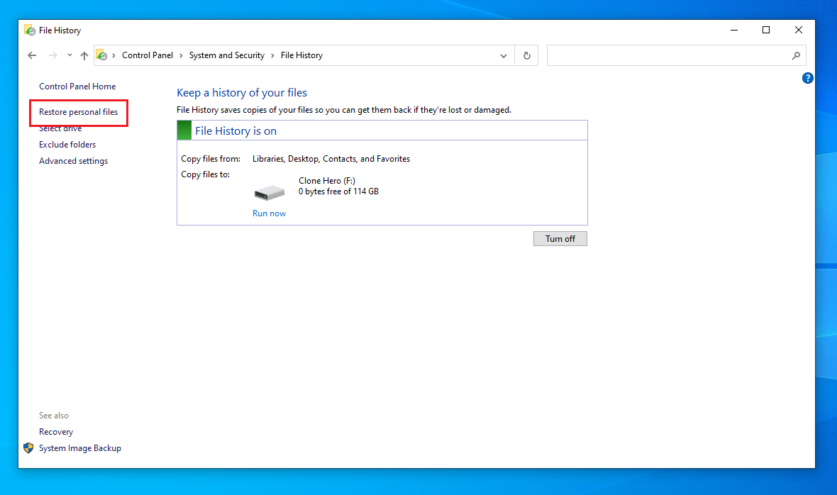 Where to find the Restore Personal Files button in the Windows File History app