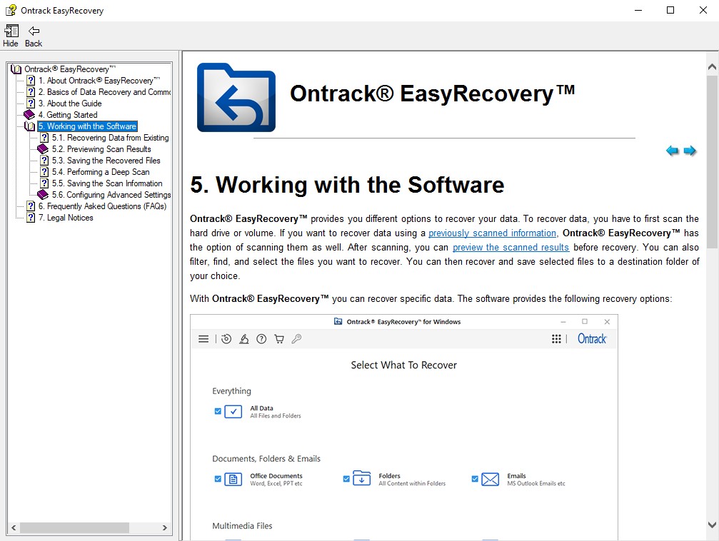 Ontrack EasyRecovery built-in help documentation