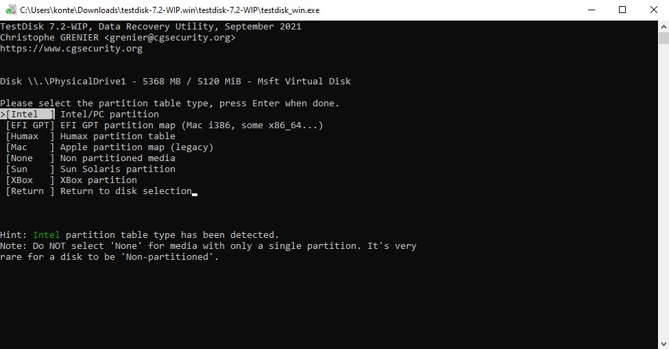 Choosing the partition table type