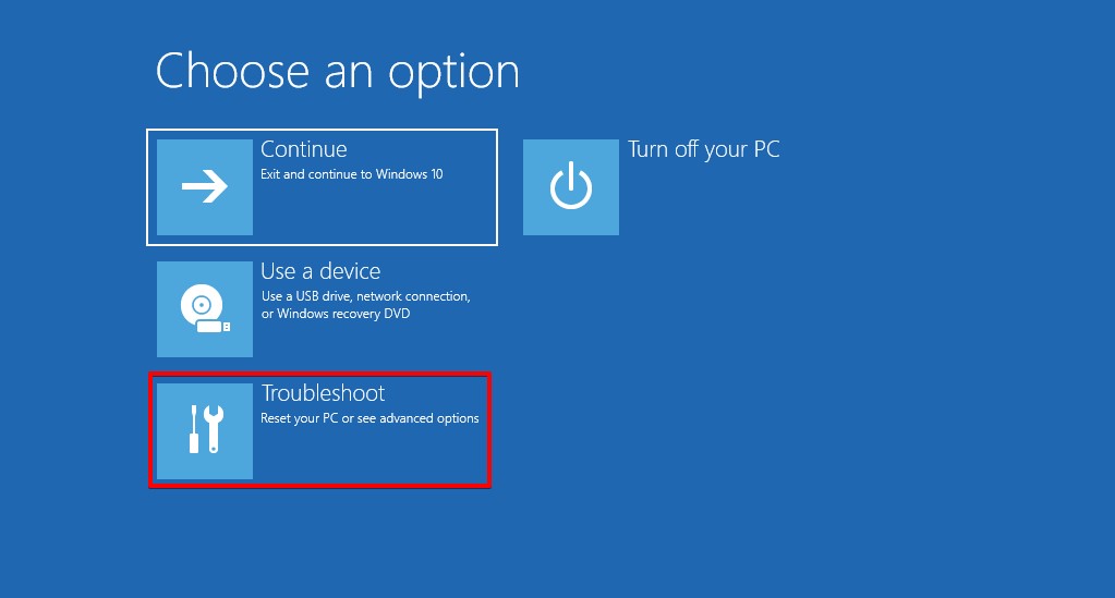 Selecting the troubleshoot option