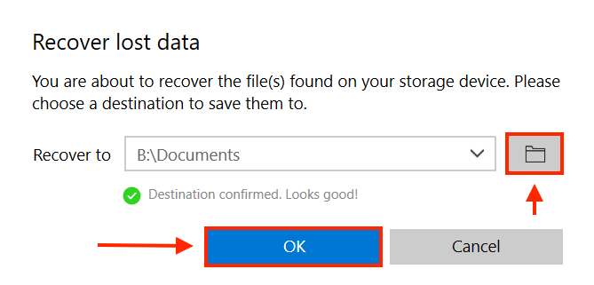 Pop-up window showing the option to select destination for the recovered files