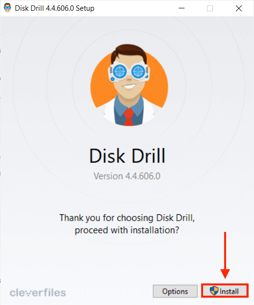 An arrow pointing toward the Install button for Disk Drill