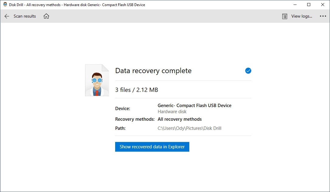 Disk Drill will offer a short report when the recovery process completes.