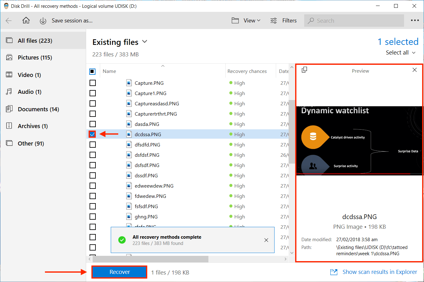 Disk Drill Data Recovery window showing all existing files with an arrow pointing towards a file and a Preview beside it