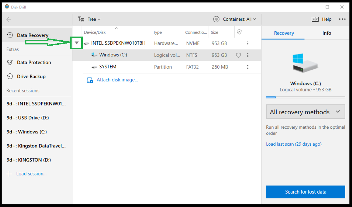 Image showing gray arrows to open Disk Drill dropdown options.