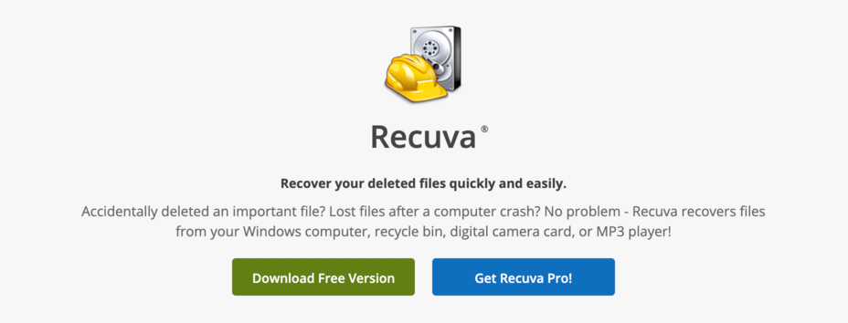 screenshot of Recuva's homepage header
