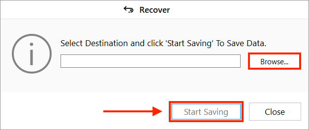 Pop-up window prompting user to select the destination for recovered files